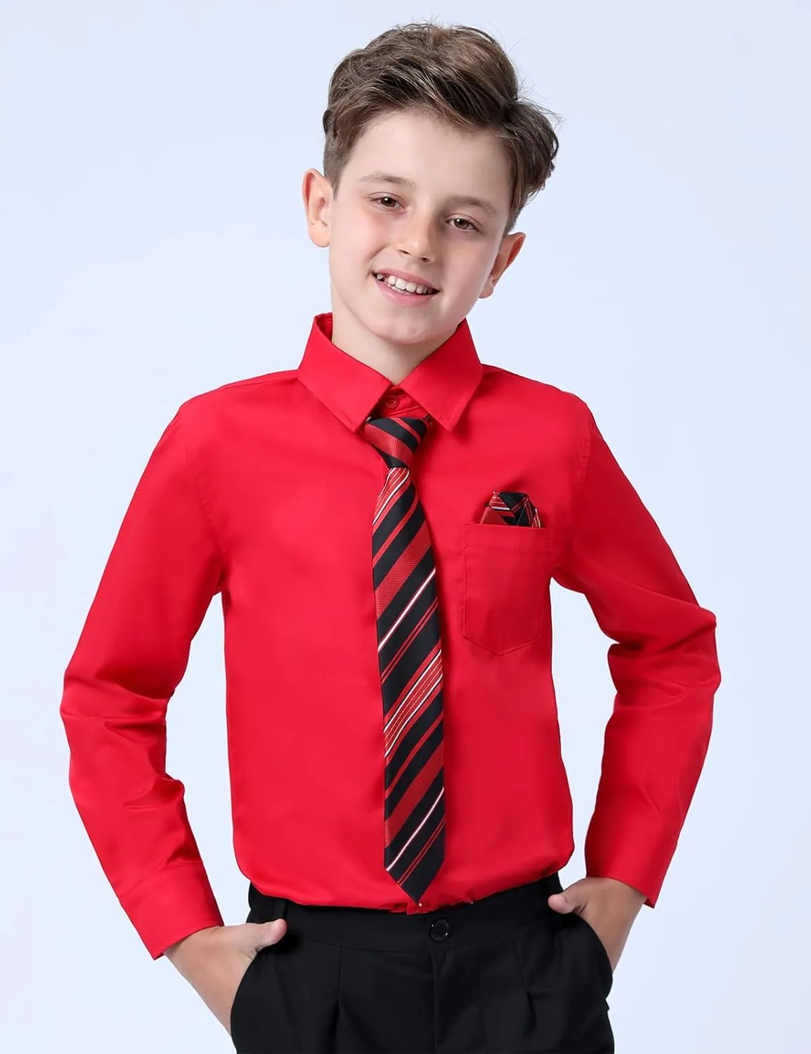 A&J DESIGN Boys Dress Shirt Kid Long Sleeve Formal Uniform School Oxford Button Up Shirt with Tie and Handkerchief
