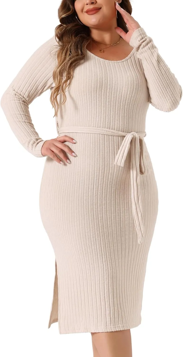 Agnes Orinda Women's Plus Size Dress Round Neck Long Sleeve Ribbed Knit Side Slit Tie Waist Bodycon Midi Dresses