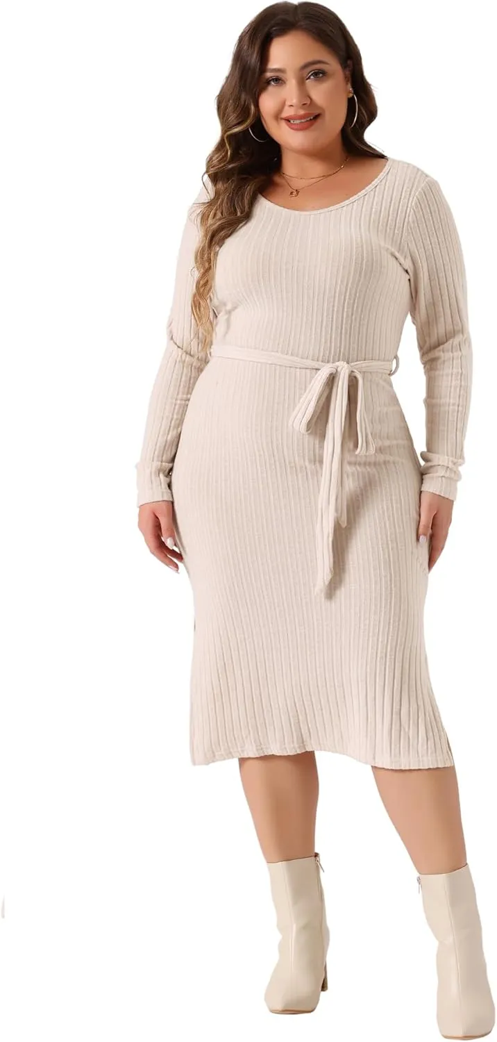 Agnes Orinda Women's Plus Size Dress Round Neck Long Sleeve Ribbed Knit Side Slit Tie Waist Bodycon Midi Dresses