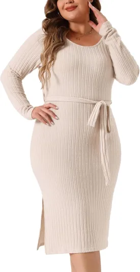 Agnes Orinda Women's Plus Size Dress Round Neck Long Sleeve Ribbed Knit Side Slit Tie Waist Bodycon Midi Dresses