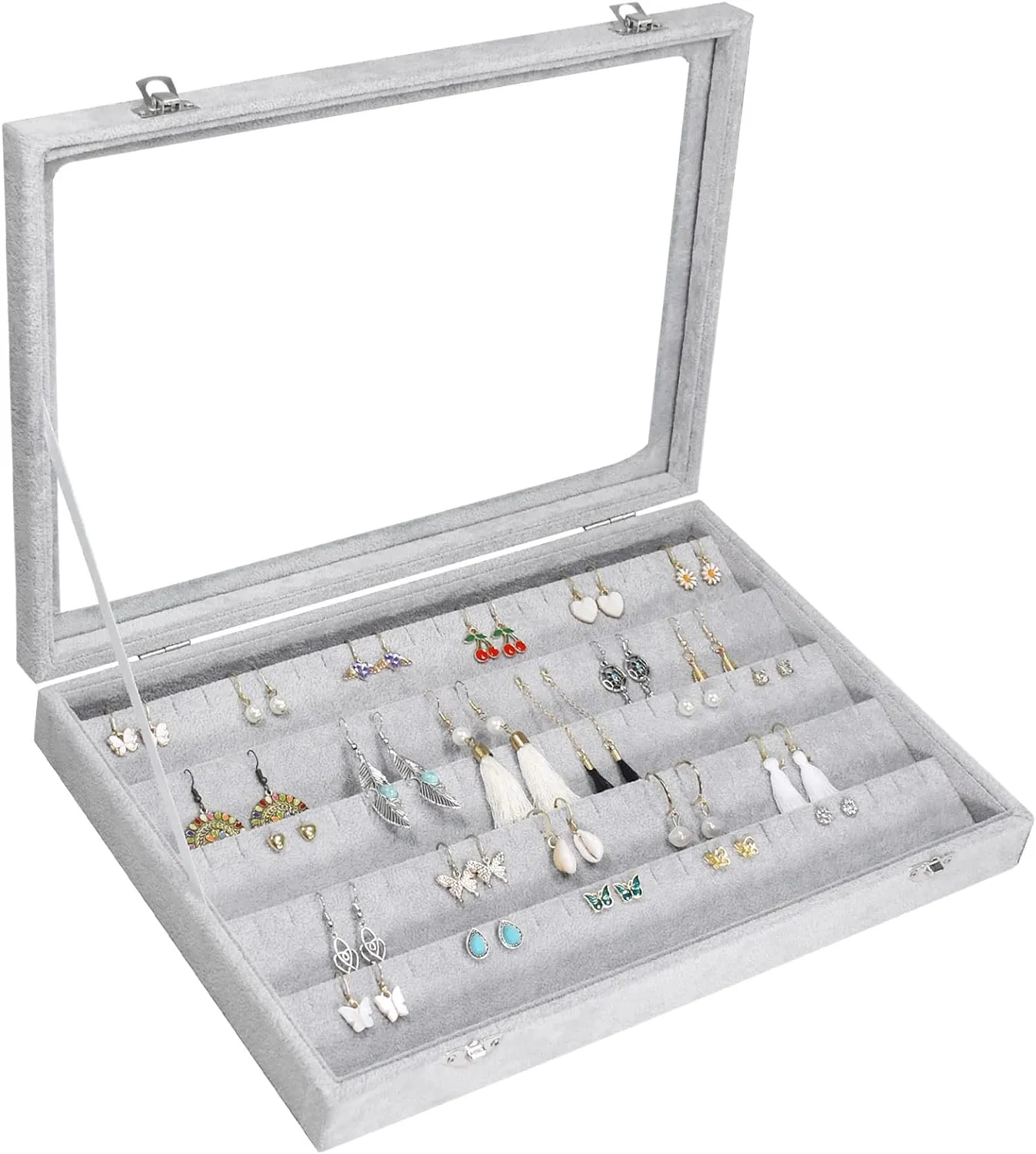 Earring Organizer Tray Velvet Earring Display Organizer Storage Box Premium 110 Slot 55 Pair Earring Display Organizer with Transparent Glass Cover Suitable for Women and Girls (Grey)