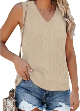Fisoew Women's Sleeveless V-Neck Vintage Sweater Knitted Vest Casual Preppy Style