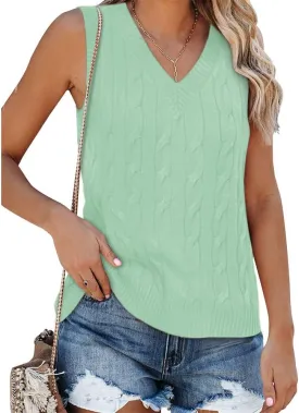 Fisoew Women's Sleeveless V-Neck Vintage Sweater Knitted Vest Casual Preppy Style