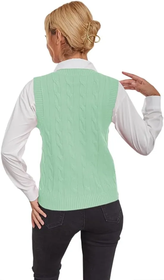 Fisoew Women's Sleeveless V-Neck Vintage Sweater Knitted Vest Casual Preppy Style