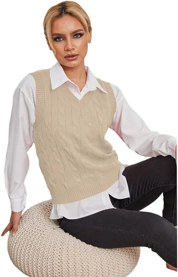 Fisoew Women's Sleeveless V-Neck Vintage Sweater Knitted Vest Casual Preppy Style
