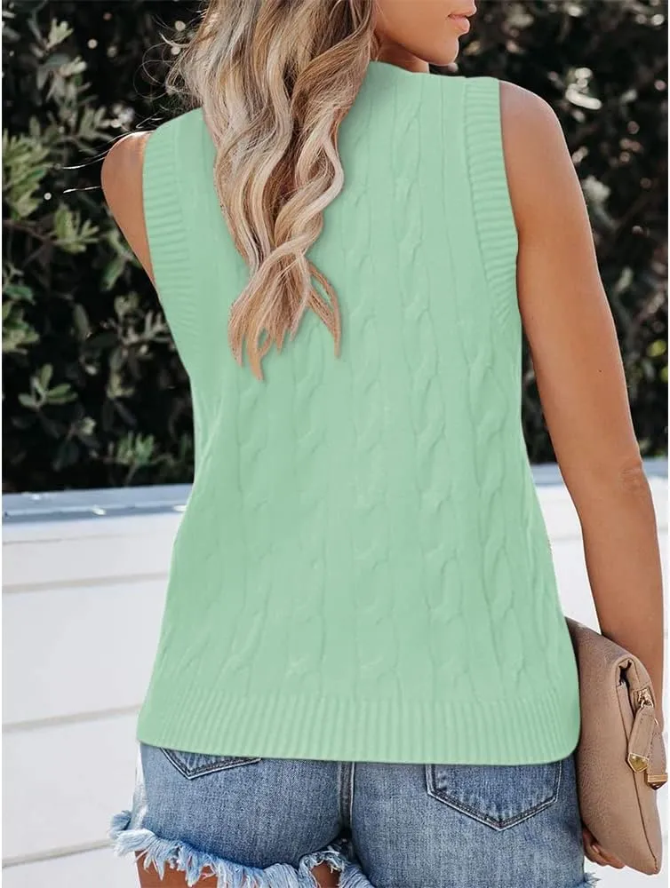 Fisoew Women's Sleeveless V-Neck Vintage Sweater Knitted Vest Casual Preppy Style