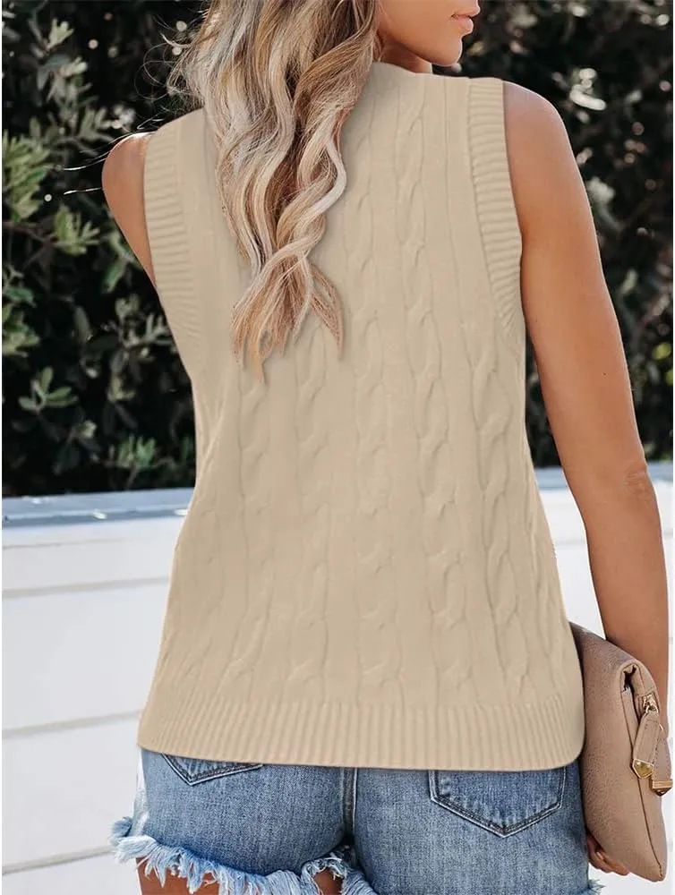 Fisoew Women's Sleeveless V-Neck Vintage Sweater Knitted Vest Casual Preppy Style