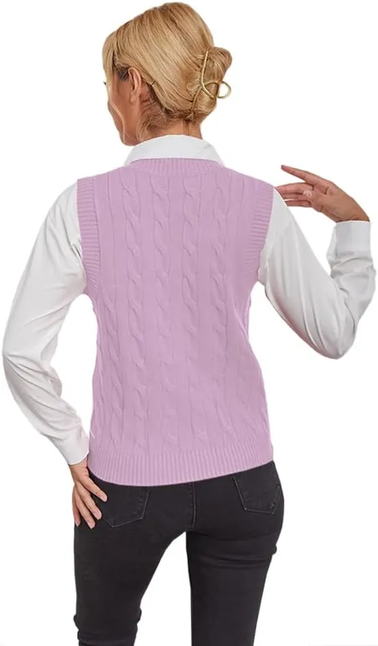 Fisoew Women's Sleeveless V-Neck Vintage Sweater Knitted Vest Casual Preppy Style