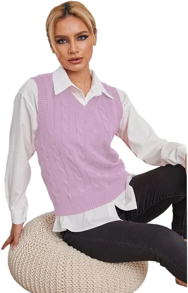 Fisoew Women's Sleeveless V-Neck Vintage Sweater Knitted Vest Casual Preppy Style