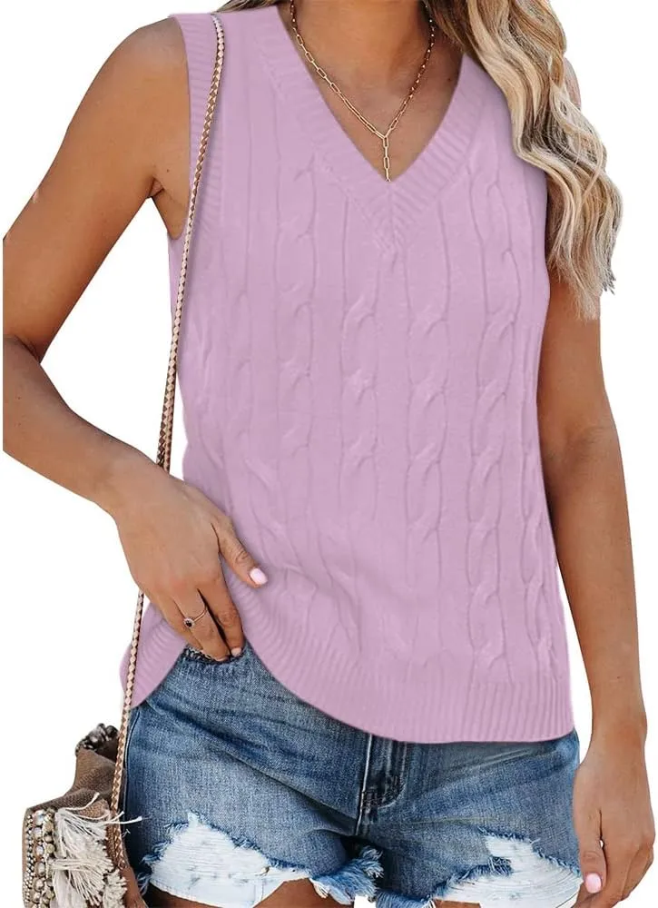 Fisoew Women's Sleeveless V-Neck Vintage Sweater Knitted Vest Casual Preppy Style