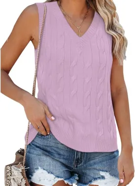 Fisoew Women's Sleeveless V-Neck Vintage Sweater Knitted Vest Casual Preppy Style
