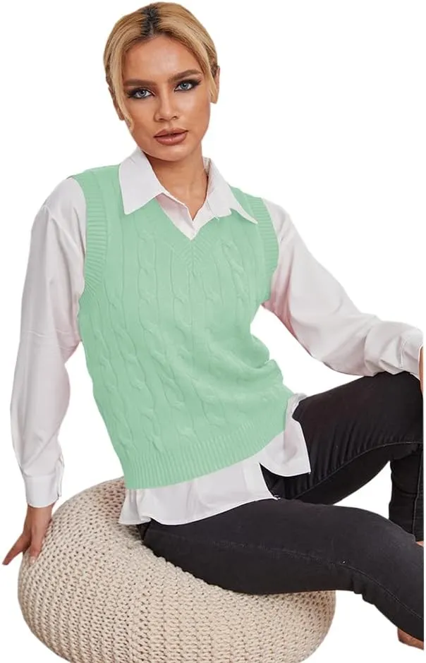 Fisoew Women's Sleeveless V-Neck Vintage Sweater Knitted Vest Casual Preppy Style