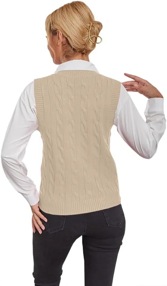 Fisoew Women's Sleeveless V-Neck Vintage Sweater Knitted Vest Casual Preppy Style