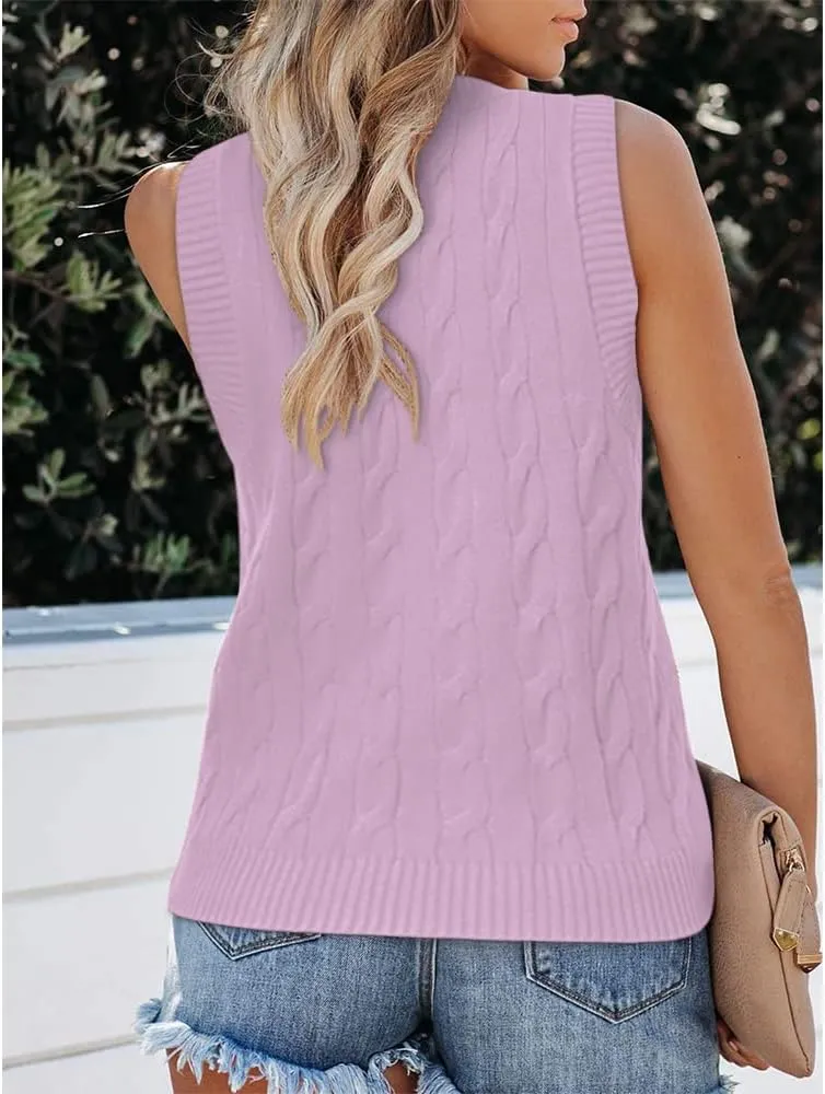 Fisoew Women's Sleeveless V-Neck Vintage Sweater Knitted Vest Casual Preppy Style