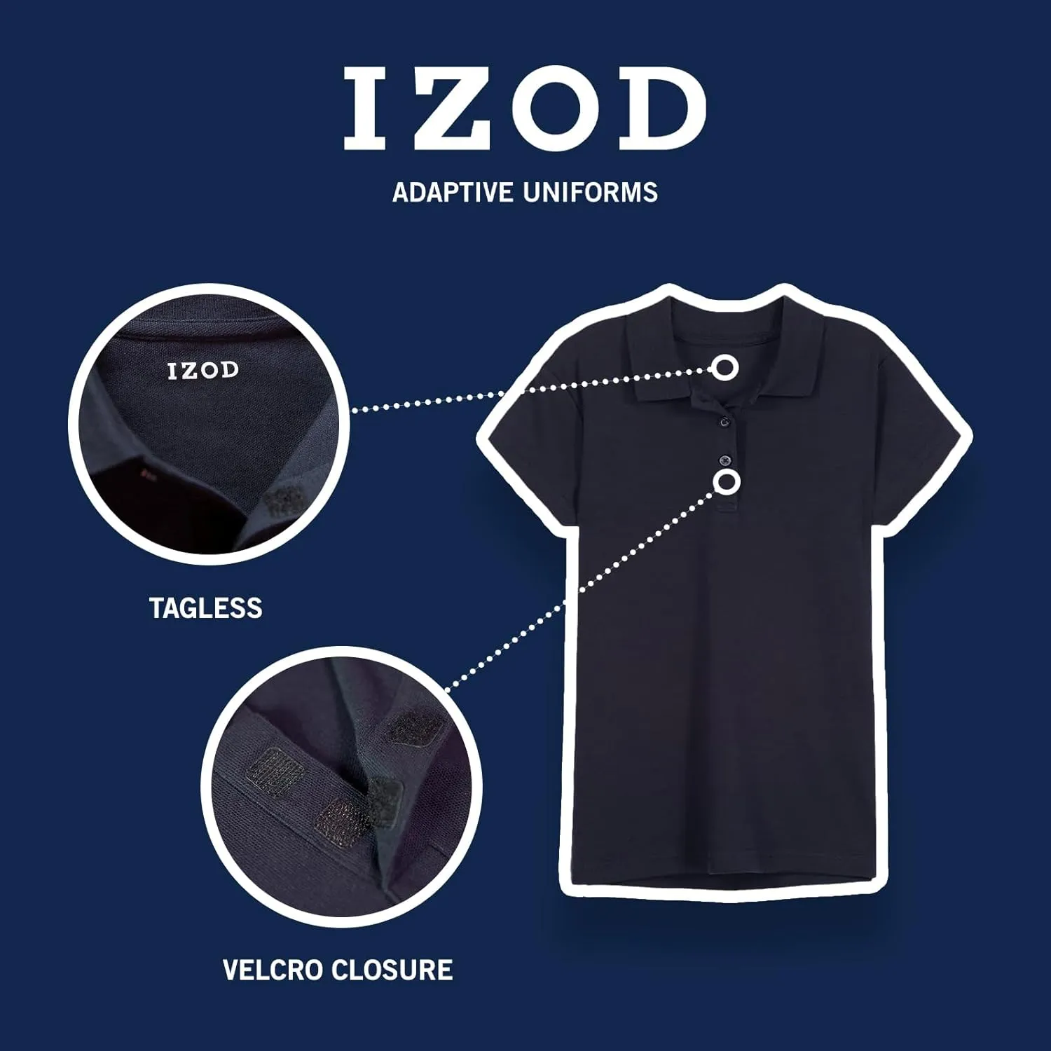 IZOD Girls' School Uniform Adaptive Short Sleeve Polo Shirt, Velcro Closure & Faux Buttons, Comfortable Interlock Fabric