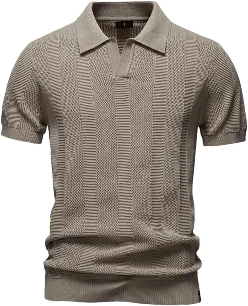 Mens Breathable Mesh Polo Shirt Turn Down Collar Short Sleeve Solid Striped Casual Comfortable Tee