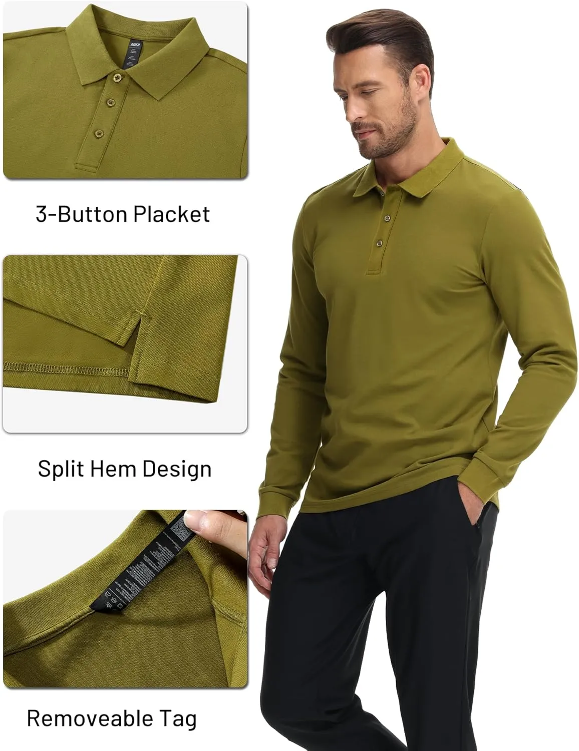 MIER Polo Shirts for Men Cotton Long Sleeve Golf Tennis Collared Shirt for Casual Work Travel, 3 Buttons, Ultra Soft
