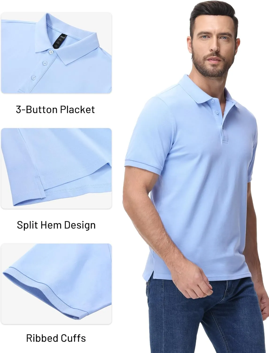 MIER Polo Shirts for Men Cotton Short Sleeve Golf Tennis Collared Shirt for Casual Work Travel, 3 Buttons, Ultra Soft