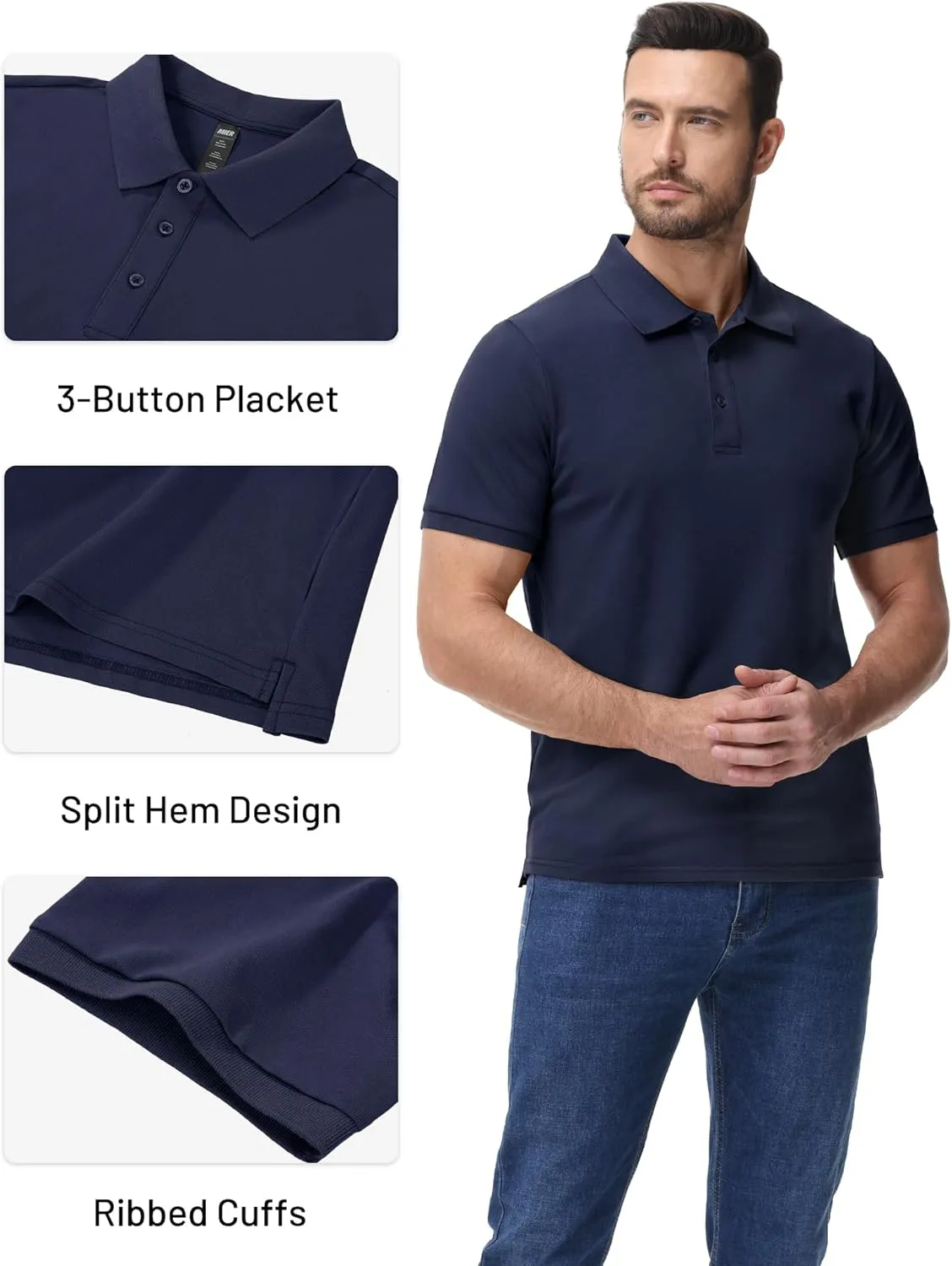 MIER Polo Shirts for Men Cotton Short Sleeve Golf Tennis Collared Shirt for Casual Work Travel, 3 Buttons, Ultra Soft