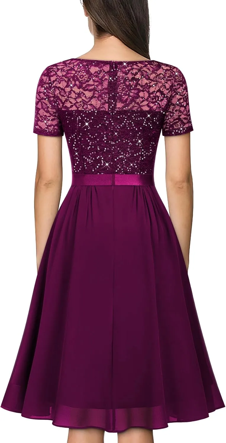 MISSMAY Women's Elegant Style Sequin Lace A-Line Cocktail Party Dress