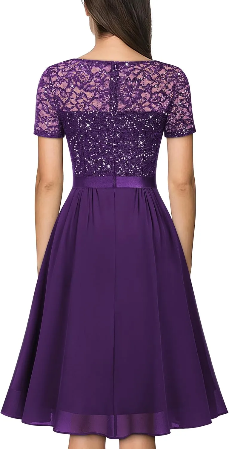 MISSMAY Women's Elegant Style Sequin Lace A-Line Cocktail Party Dress