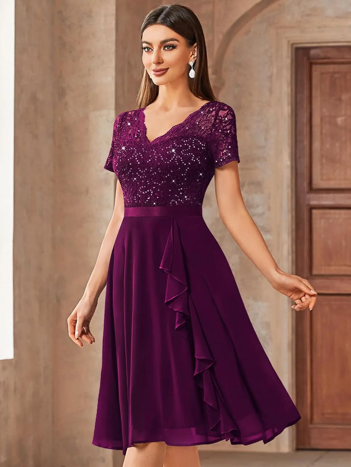 MISSMAY Women's Elegant Style Sequin Lace A-Line Cocktail Party Dress