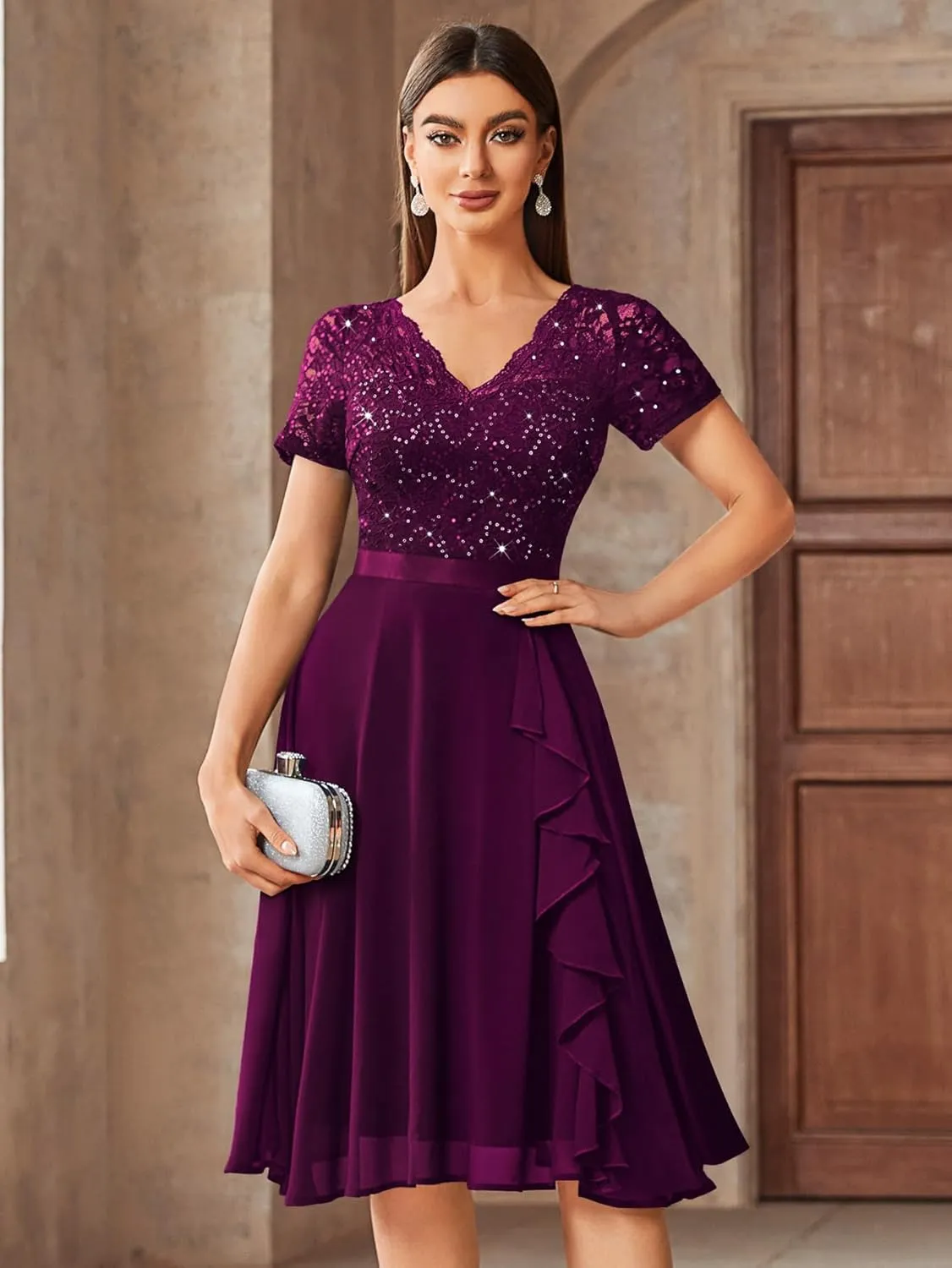 MISSMAY Women's Elegant Style Sequin Lace A-Line Cocktail Party Dress