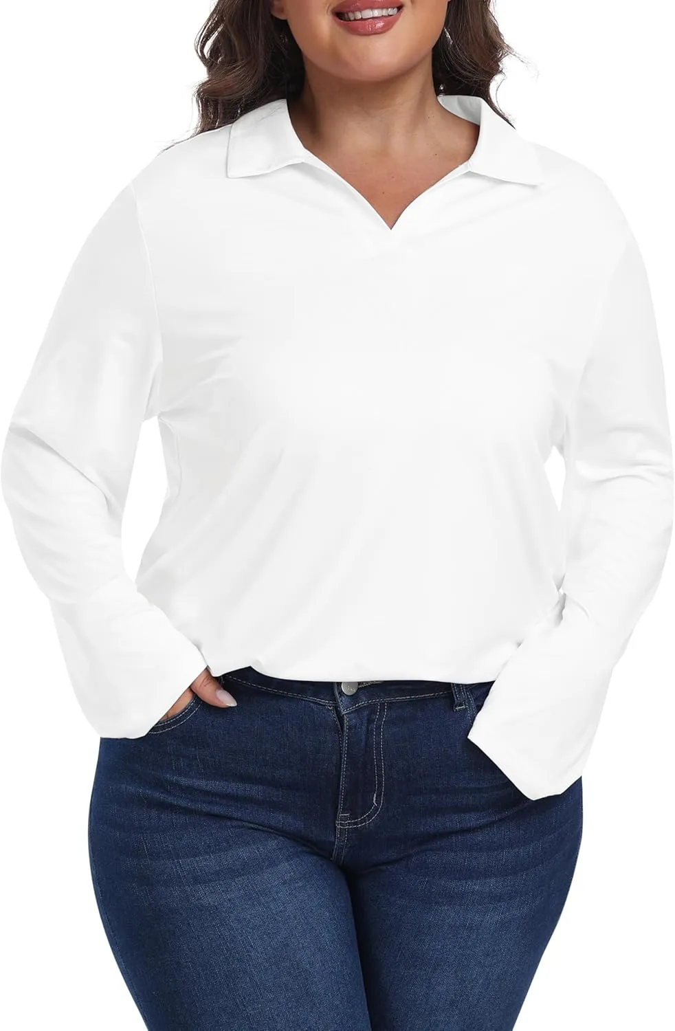 MoFiz Women's Plus Size Golf Long Sleeve Polo Shirts V Neck Workout Casual Loose Fit Tops XL-5XL