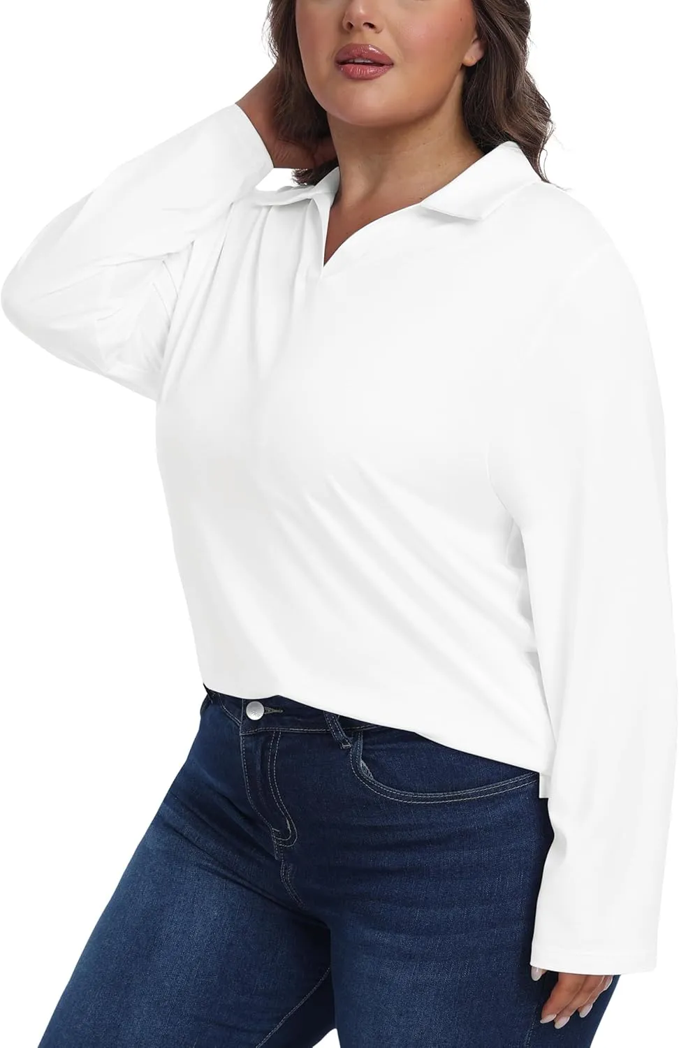 MoFiz Women's Plus Size Golf Long Sleeve Polo Shirts V Neck Workout Casual Loose Fit Tops XL-5XL