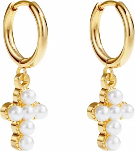 PANSTAR Cross Pearl Earrings for Women - Small Gold Studs, Elegant and Hypoallergenic - Gifts for Women