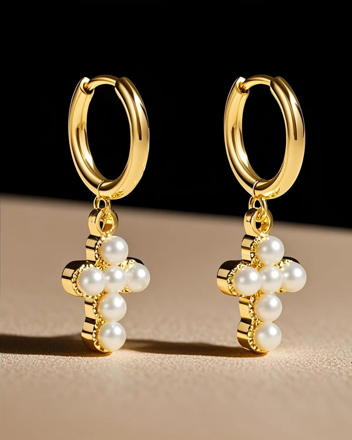 PANSTAR Cross Pearl Earrings for Women - Small Gold Studs, Elegant and Hypoallergenic - Gifts for Women
