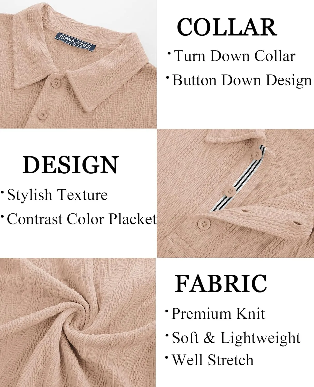 PJ PAUL JONES Men's Textured Knit Polo Shirt Short Sleeve Regular Fit Stretch Collared Summer Shirts