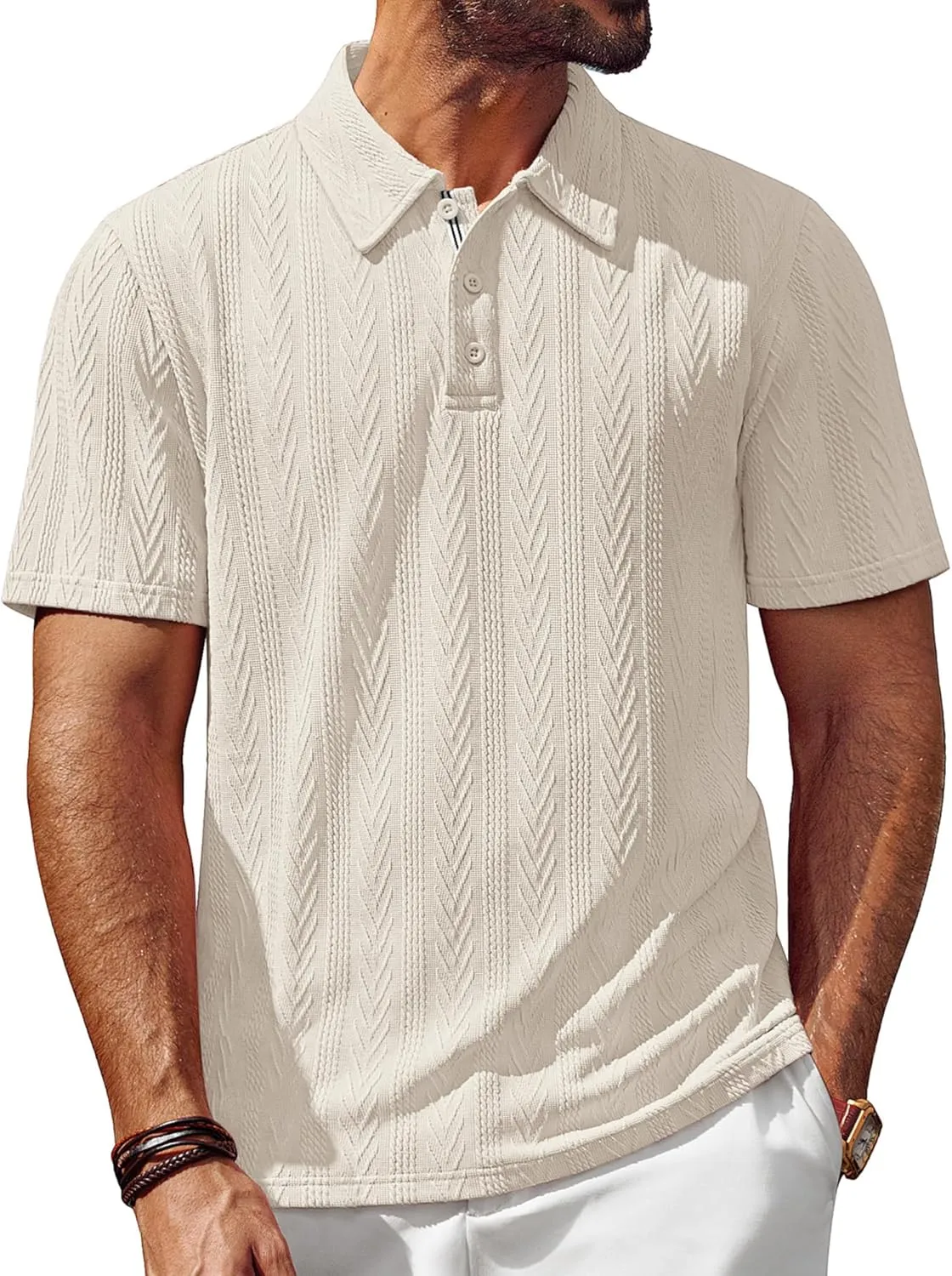 PJ PAUL JONES Men's Textured Knit Polo Shirt Short Sleeve Regular Fit Stretch Collared Summer Shirts