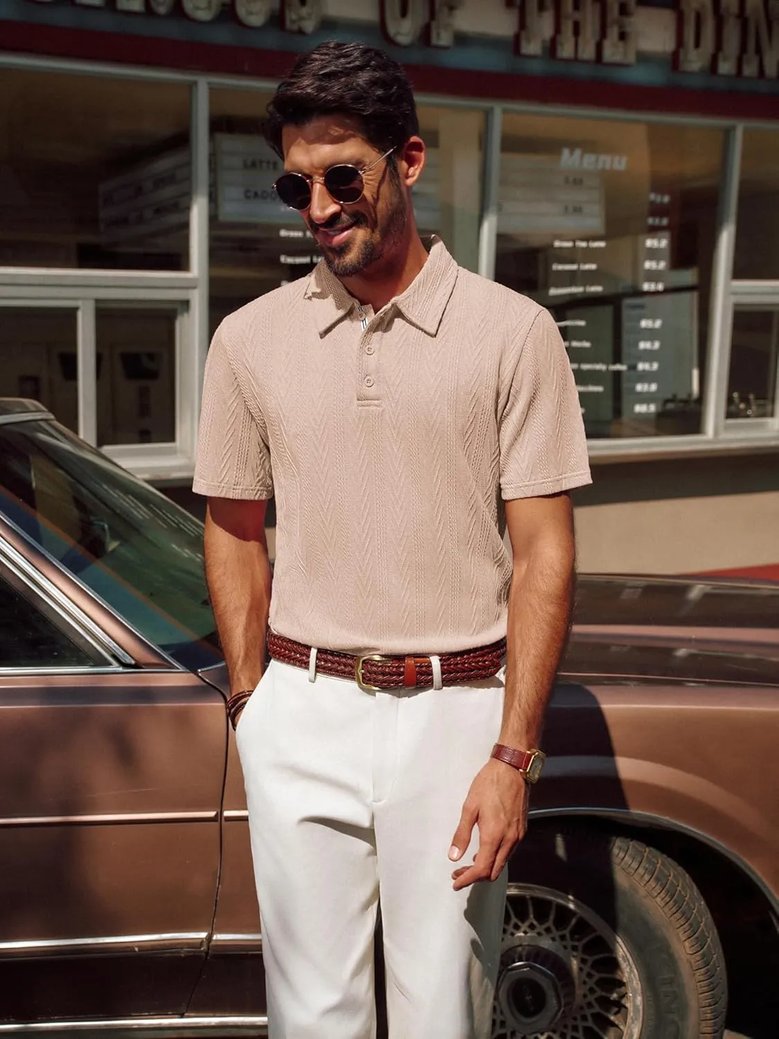 PJ PAUL JONES Men's Textured Knit Polo Shirt Short Sleeve Regular Fit Stretch Collared Summer Shirts