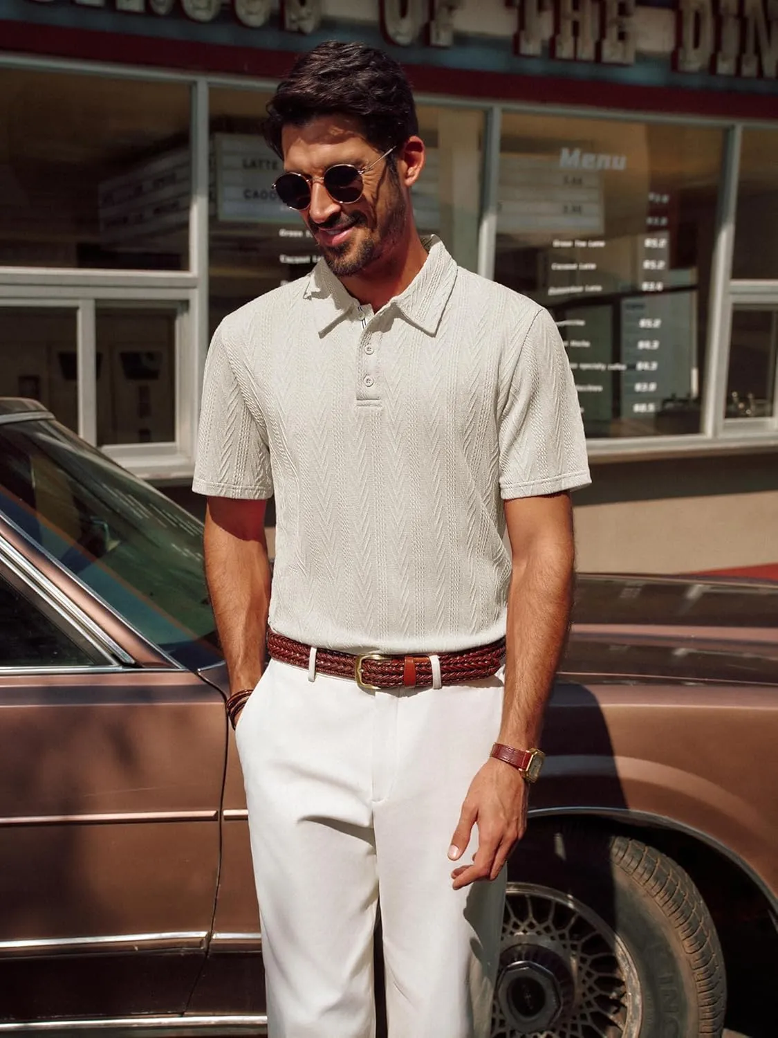 PJ PAUL JONES Men's Textured Knit Polo Shirt Short Sleeve Regular Fit Stretch Collared Summer Shirts