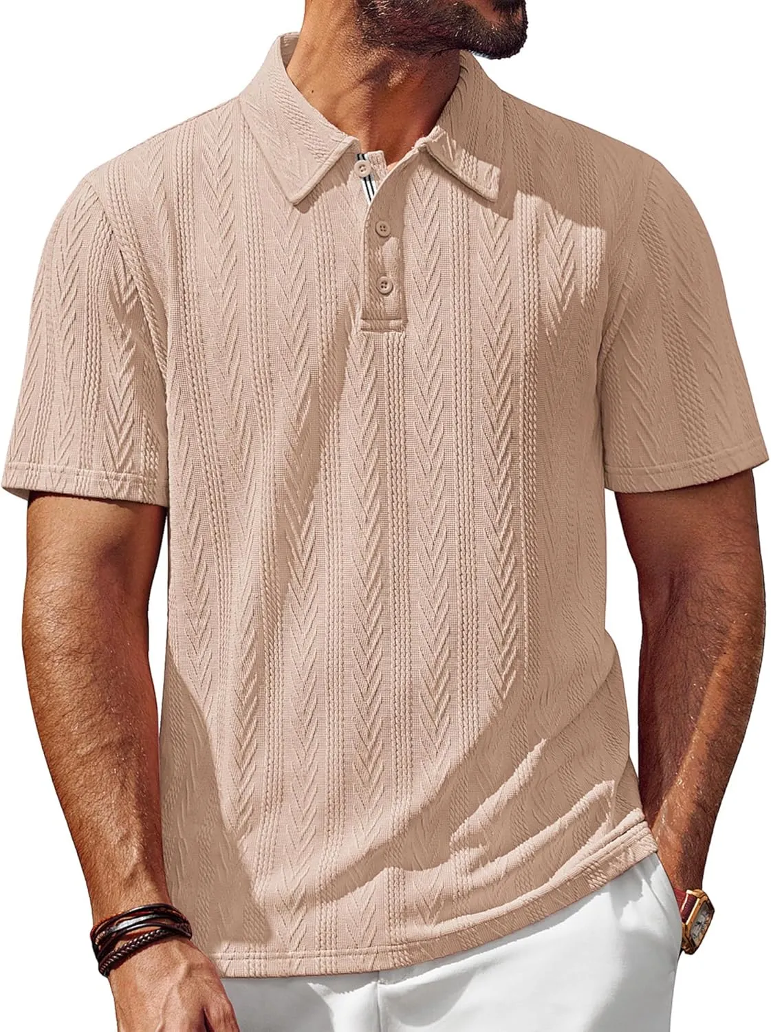 PJ PAUL JONES Men's Textured Knit Polo Shirt Short Sleeve Regular Fit Stretch Collared Summer Shirts