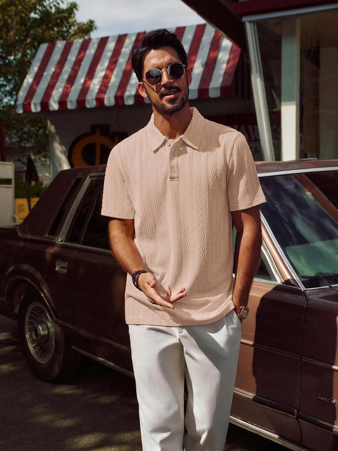PJ PAUL JONES Men's Textured Knit Polo Shirt Short Sleeve Regular Fit Stretch Collared Summer Shirts