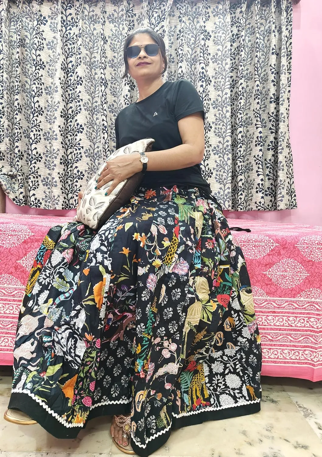 Rastogi Handicrafts Women's Boho Maxi Skirt, Paisley Floral Print, Geometric Pattern, Waist, Long Flowy Design