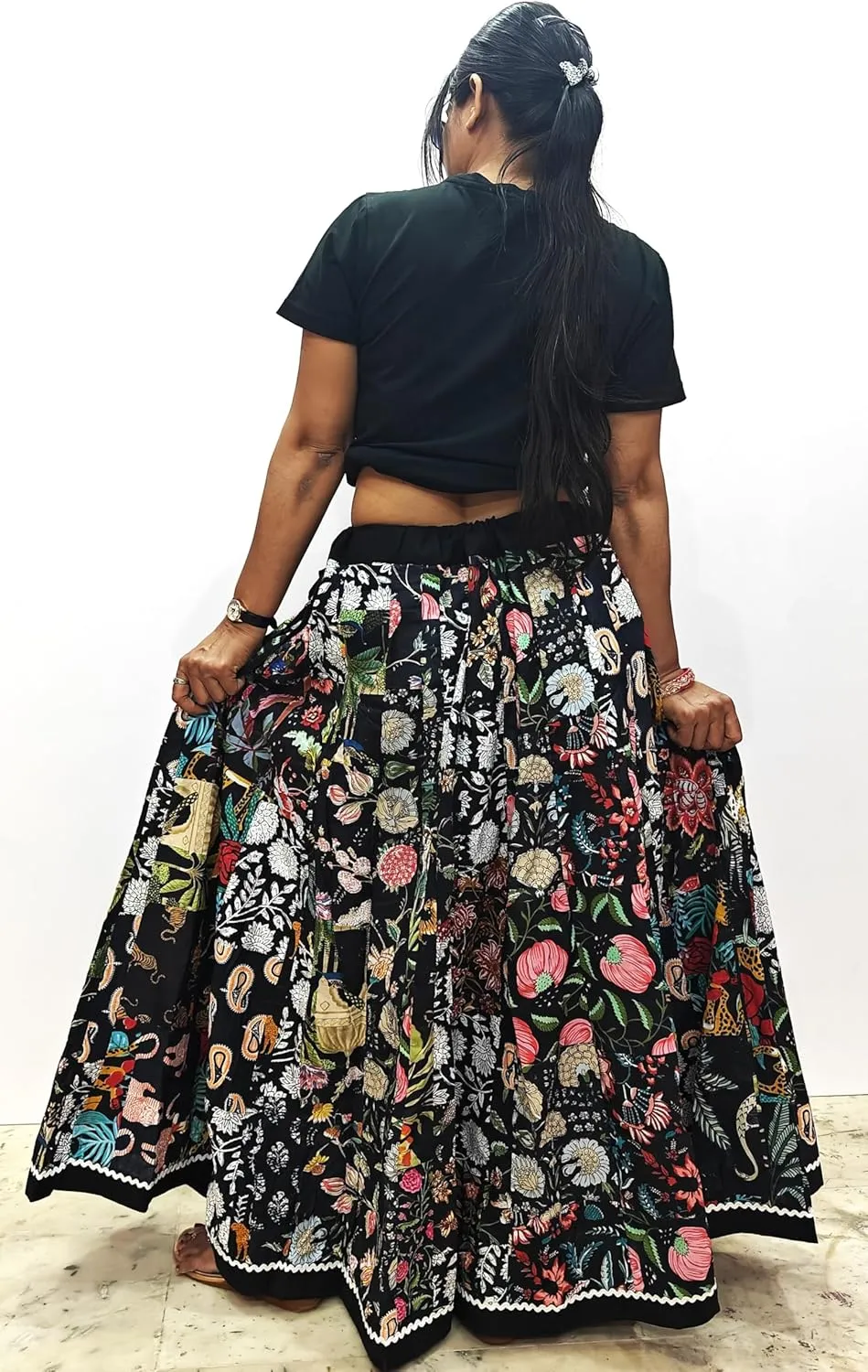 Rastogi Handicrafts Women's Boho Maxi Skirt, Paisley Floral Print, Geometric Pattern, Waist, Long Flowy Design