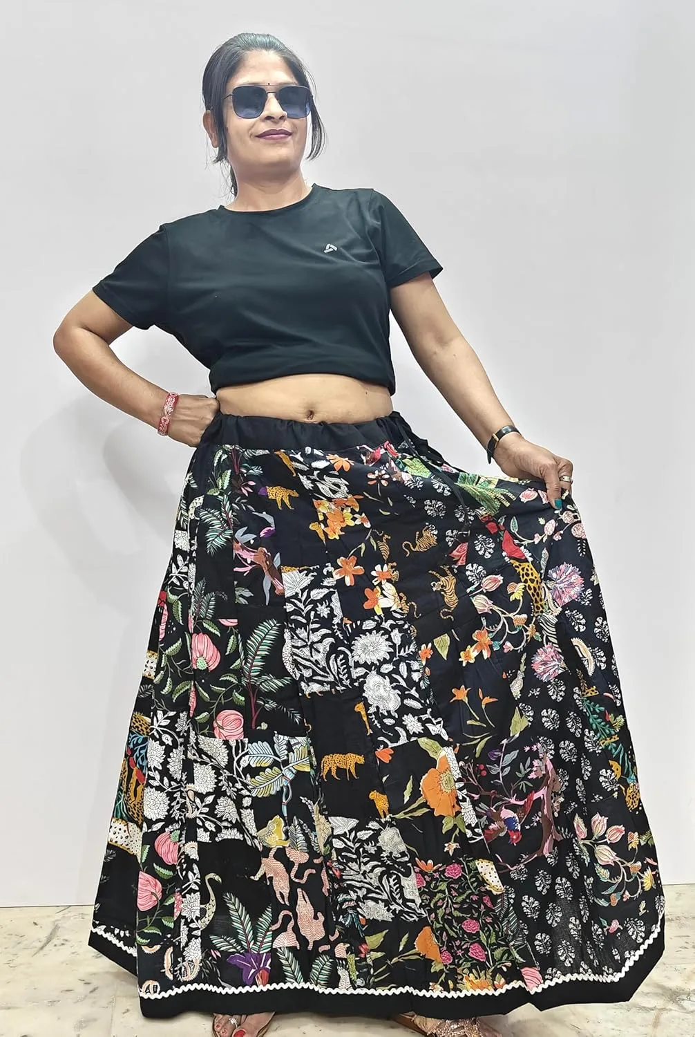 Rastogi Handicrafts Women's Boho Maxi Skirt, Paisley Floral Print, Geometric Pattern, Waist, Long Flowy Design