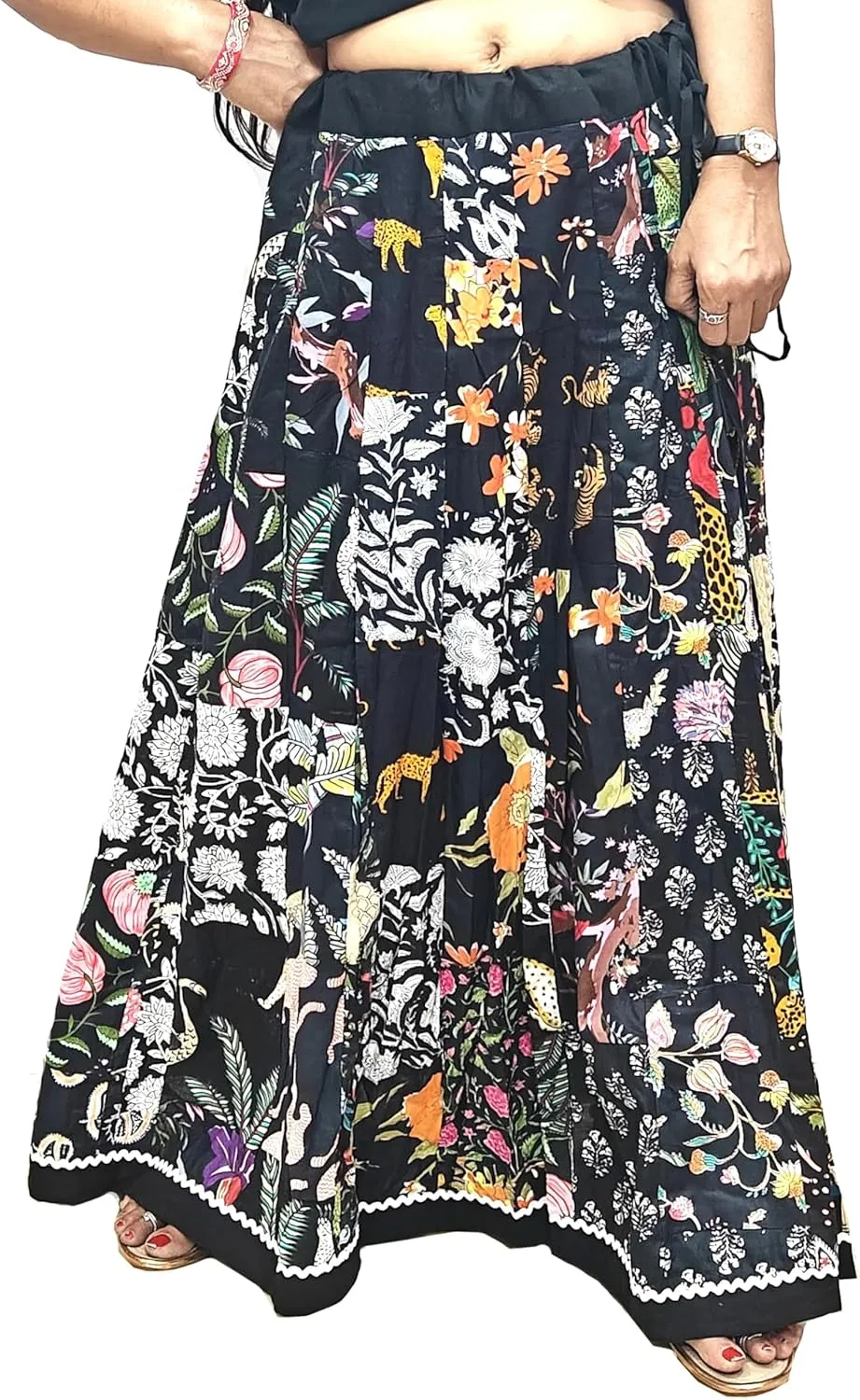 Rastogi Handicrafts Women's Boho Maxi Skirt, Paisley Floral Print, Geometric Pattern, Waist, Long Flowy Design