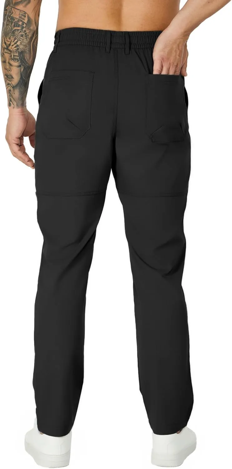 Susclude Cargo Pants for Men Summer Drawsting Casual Pants Lightweight Elastic Stretch Waist Durable Multipants with Pockets