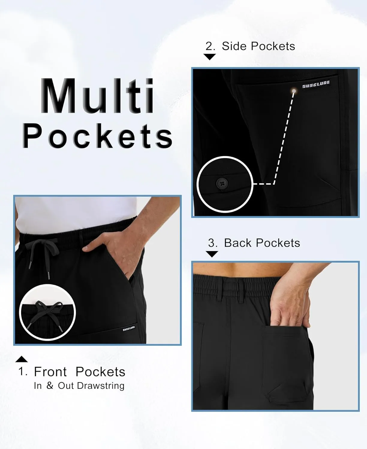 Susclude Cargo Pants for Men Summer Drawsting Casual Pants Lightweight Elastic Stretch Waist Durable Multipants with Pockets