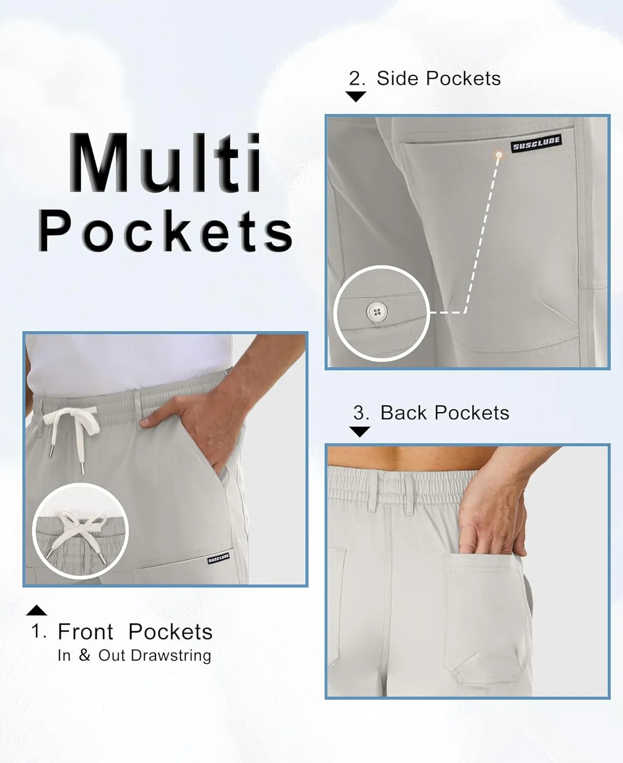 Susclude Cargo Pants for Men Summer Drawsting Casual Pants Lightweight Elastic Stretch Waist Durable Multipants with Pockets