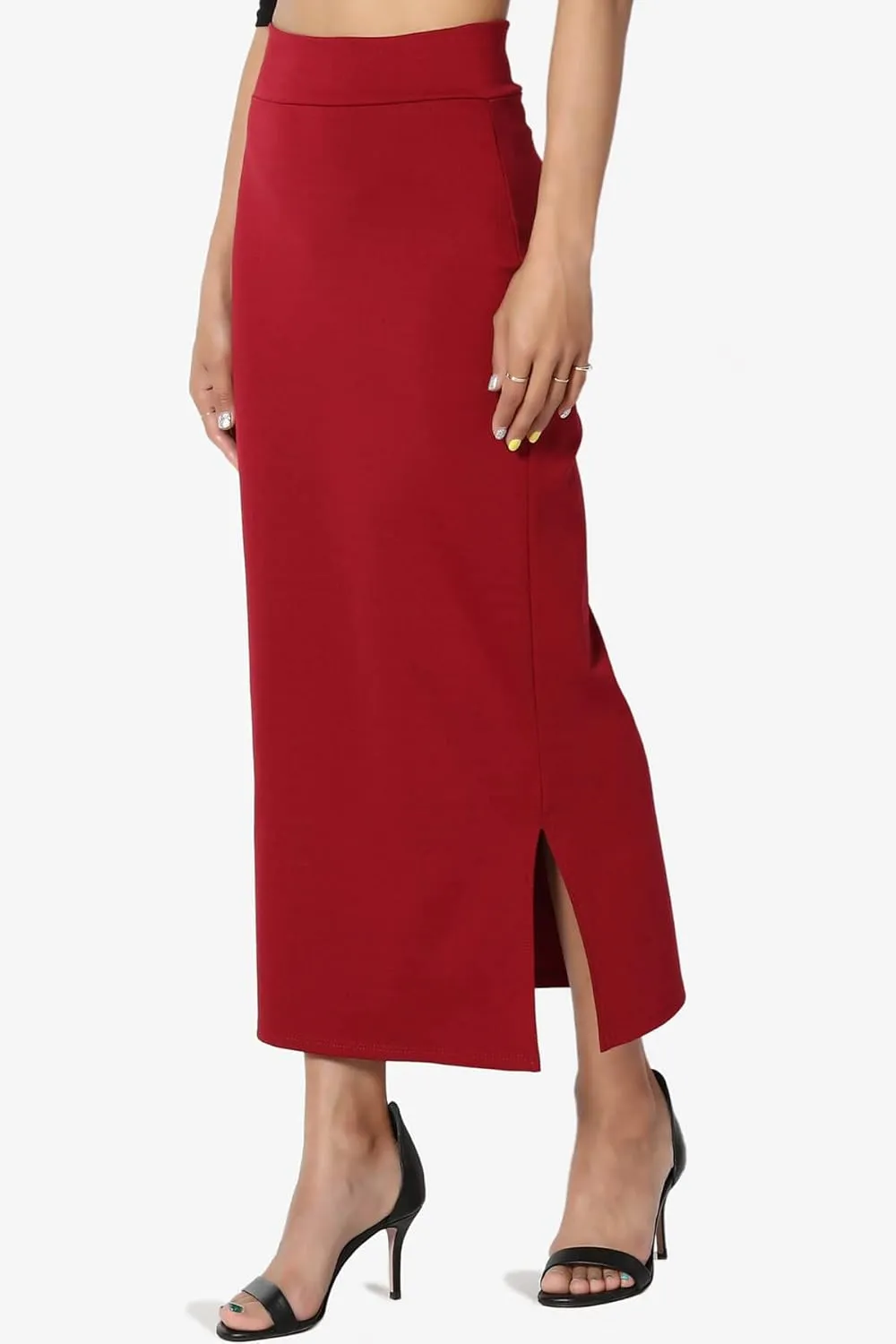 TheMogan Side Slit High Waist Stretch Ponte Knit Mid Calf Long Pencil Skirt