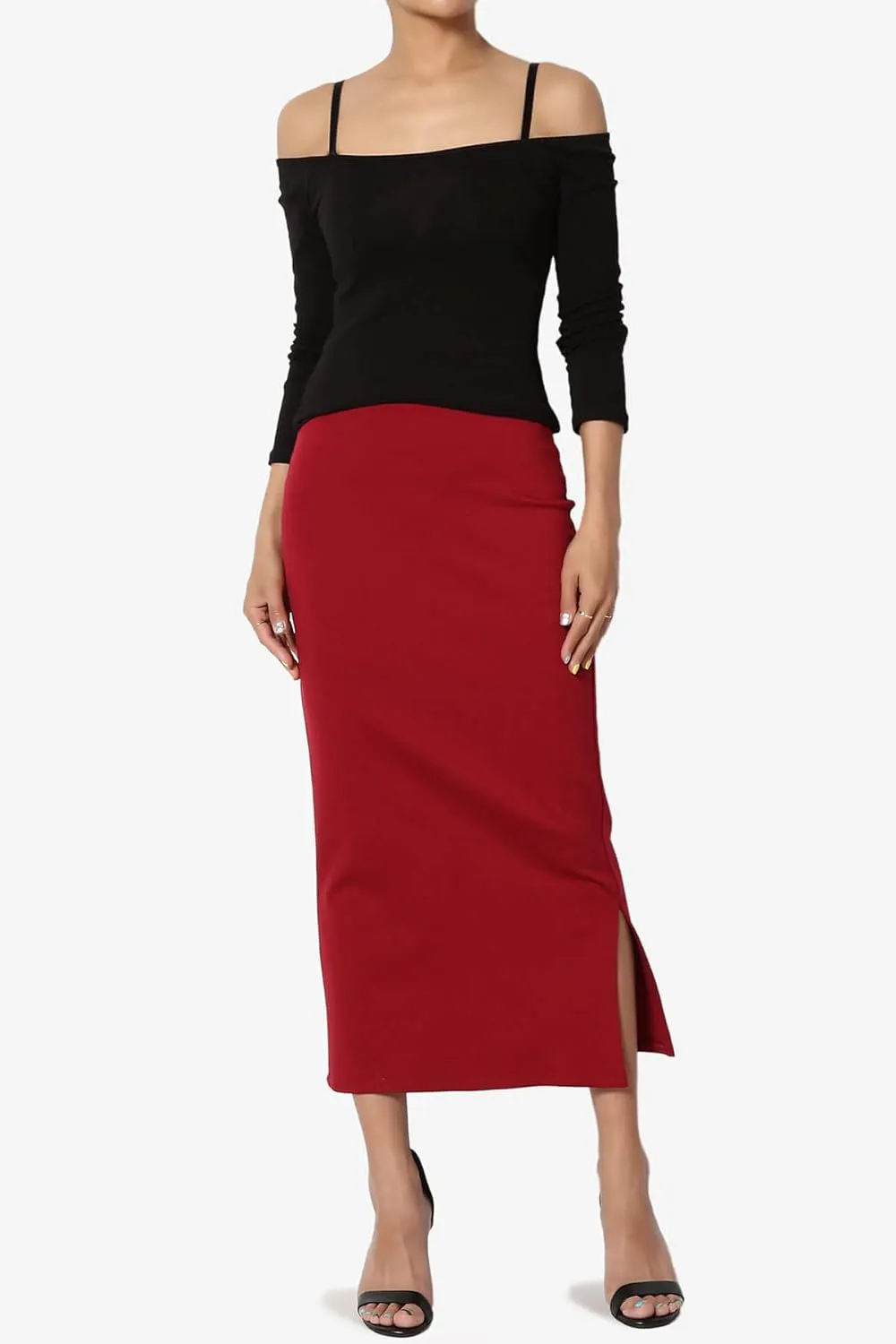 TheMogan Side Slit High Waist Stretch Ponte Knit Mid Calf Long Pencil Skirt