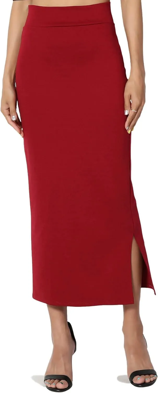 TheMogan Side Slit High Waist Stretch Ponte Knit Mid Calf Long Pencil Skirt