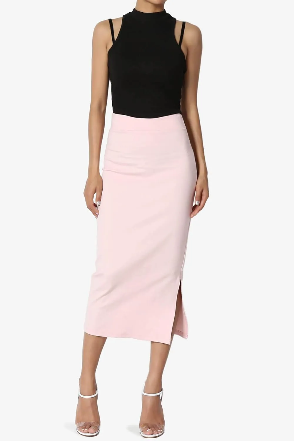 TheMogan Side Slit High Waist Stretch Ponte Knit Mid Calf Long Pencil Skirt