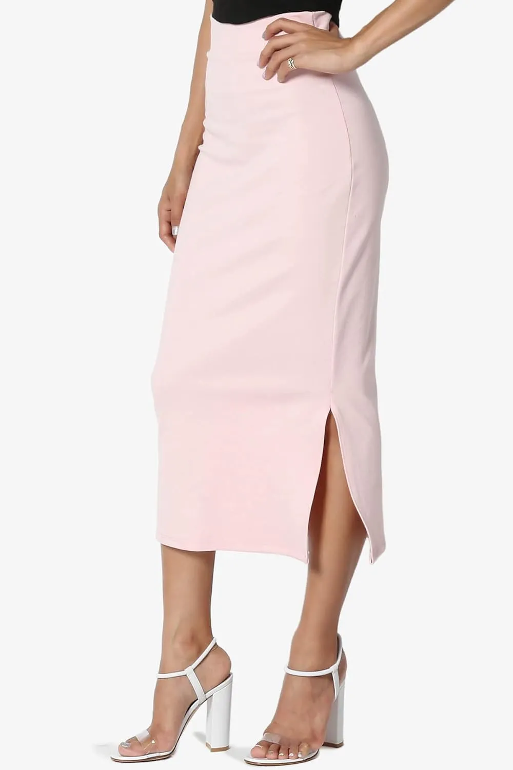 TheMogan Side Slit High Waist Stretch Ponte Knit Mid Calf Long Pencil Skirt