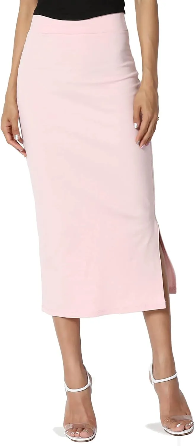 TheMogan Side Slit High Waist Stretch Ponte Knit Mid Calf Long Pencil Skirt